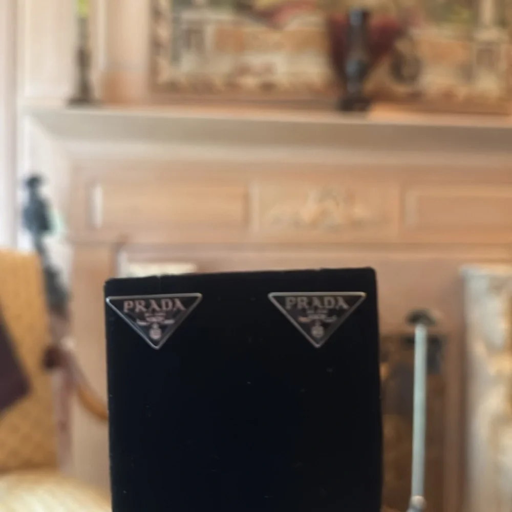 Prada Black and Silver Triangle Logo Stud Earrings signed in back - Picture 2 of 4